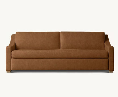 Introducing the Belgian Classic Slope Arm Premium Sleeper Sofa, a three-seater in brown with a modern and minimalist design, featuring straight arms and a cushioned backrest.