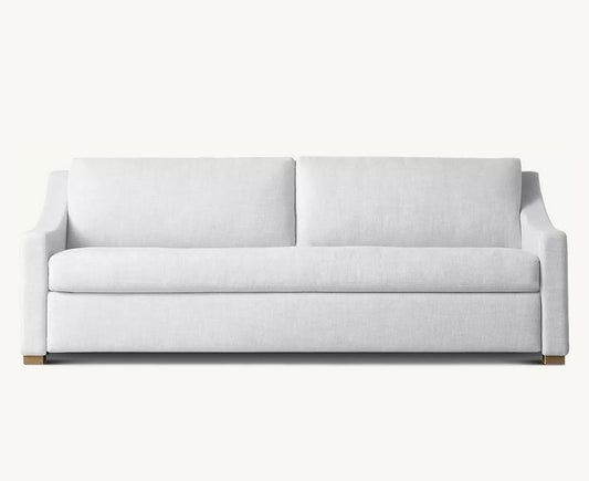 A Belgian Classic Slope Arm Premium Sleeper Sofa in white, featuring a modern and minimalist design with clean lines and two back cushions, is centered against a plain background. Its simple structure with low armrests gives it a sleek and contemporary appearance.