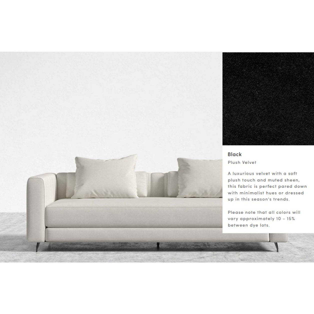 A Berlin Sleeper Sofa, featuring a modern design with three cushioned seats, is showcased in a minimalist setting. Nearby, a close-up sample highlights the plush texture of black velvet fabric, accompanied by a description emphasizing its soft, luxurious feel and potential color variations.