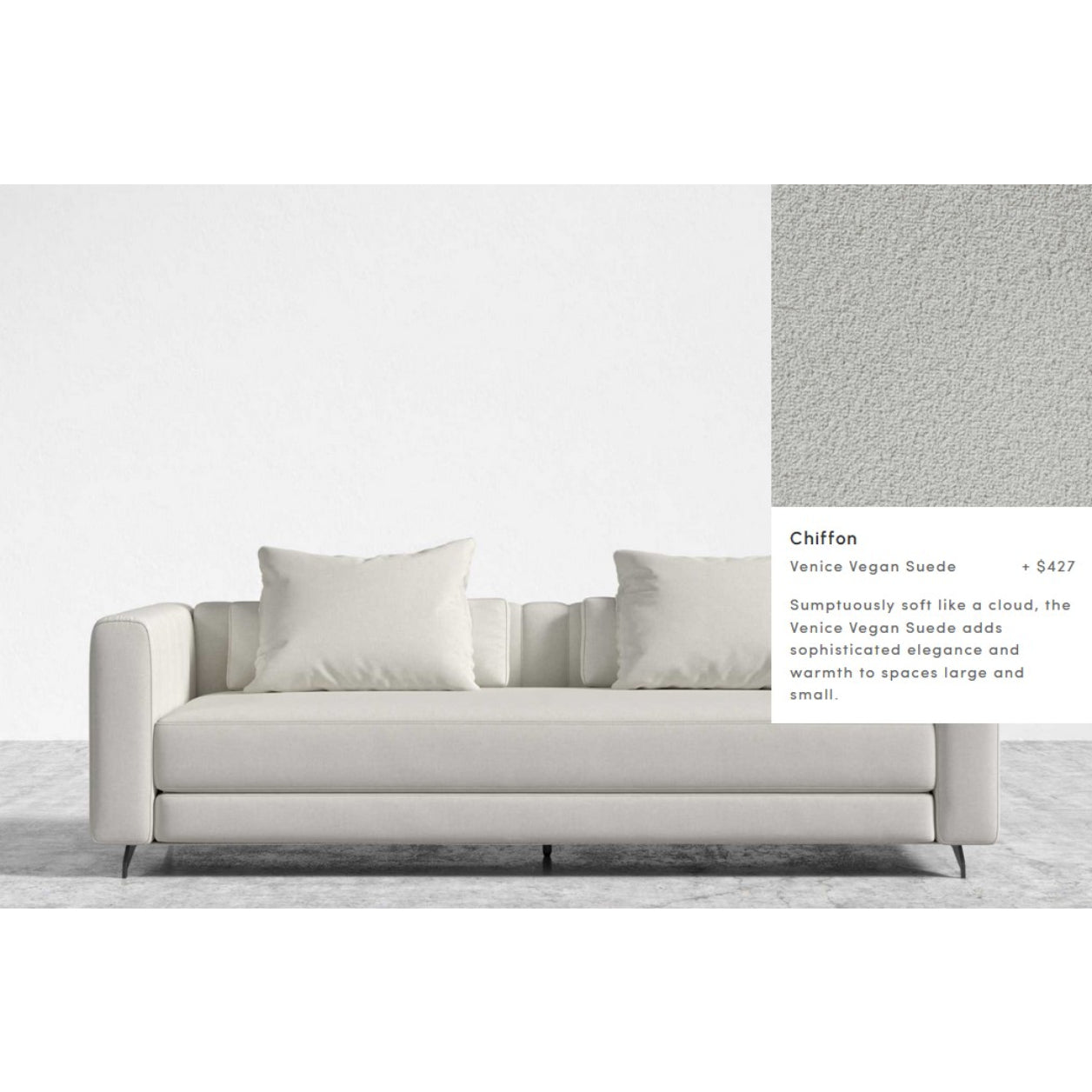 A Berlin Sleeper Sofa in Venice Vegan Suede, Chiffon color, is displayed in a minimalistic setting. The image includes a fabric swatch and mentions that the sofa costs $427, emphasizing its soft texture and sophisticated elegance.