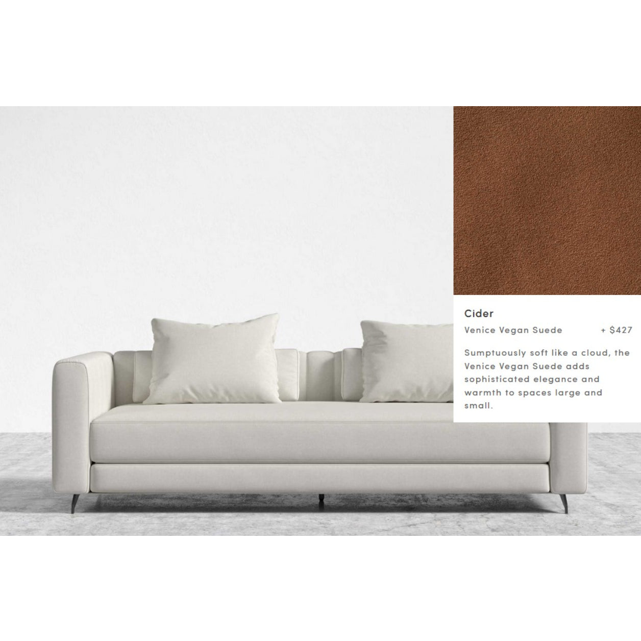 The Berlin Sleeper Sofa, with its sleek and minimalist design, is upholstered in off-white vegan suede and rests elegantly on a light gray floor. Accompanied by two matching pillows, it embodies modern style. Additionally, a close-up reveals the suede fabric in a rich caramel hue, accompanied by pricing and description text.