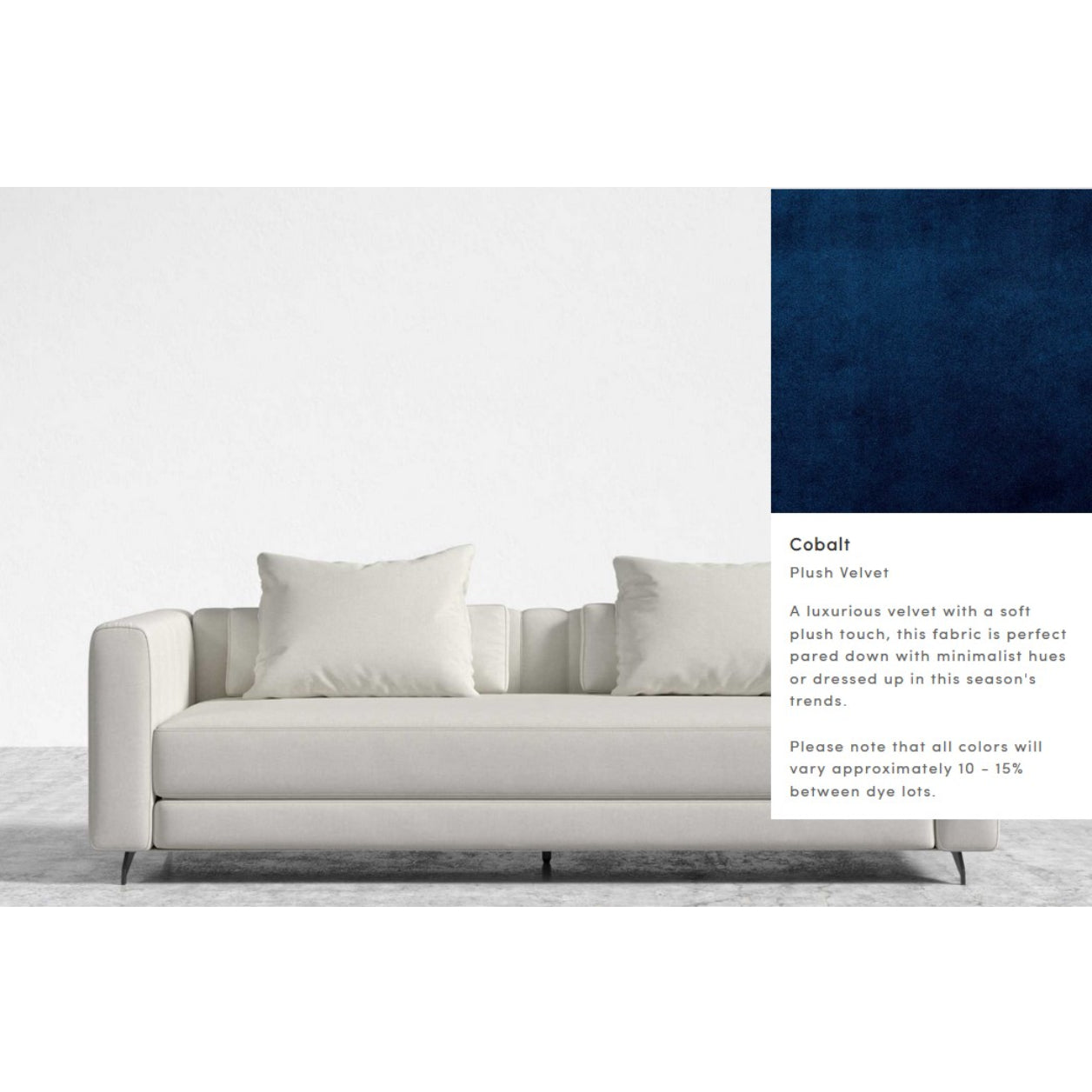 A Berlin Sleeper Sofa in a sleek modern design, featuring plush cushions, is set against a plain backdrop. To the right, a square sample displays cobalt blue plush velvet fabric. Accompanying text highlights the fabric's soft touch, rich color, and possible dye lot variations.