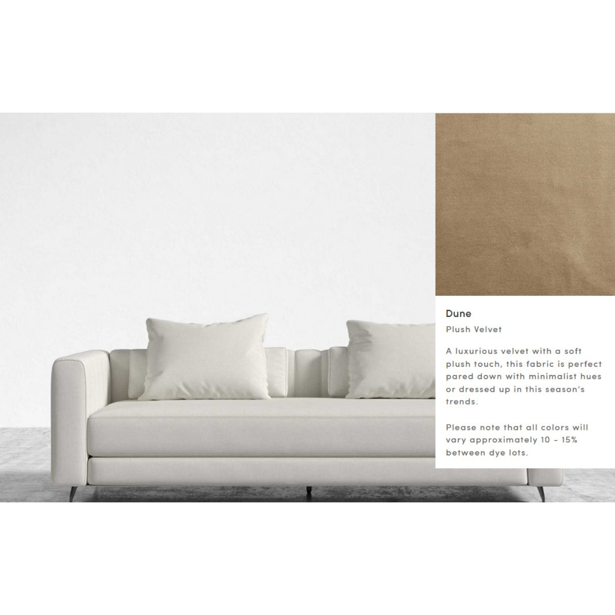 The Berlin Sleeper Sofa, upholstered in a cream-colored velvet with plush cushions, is featured in a minimalist setting. The displayed sample of dune plush velvet fabric is described as having a luxurious and soft touch. Please note that there may be potential color variations of 10-15% between different dye lots.