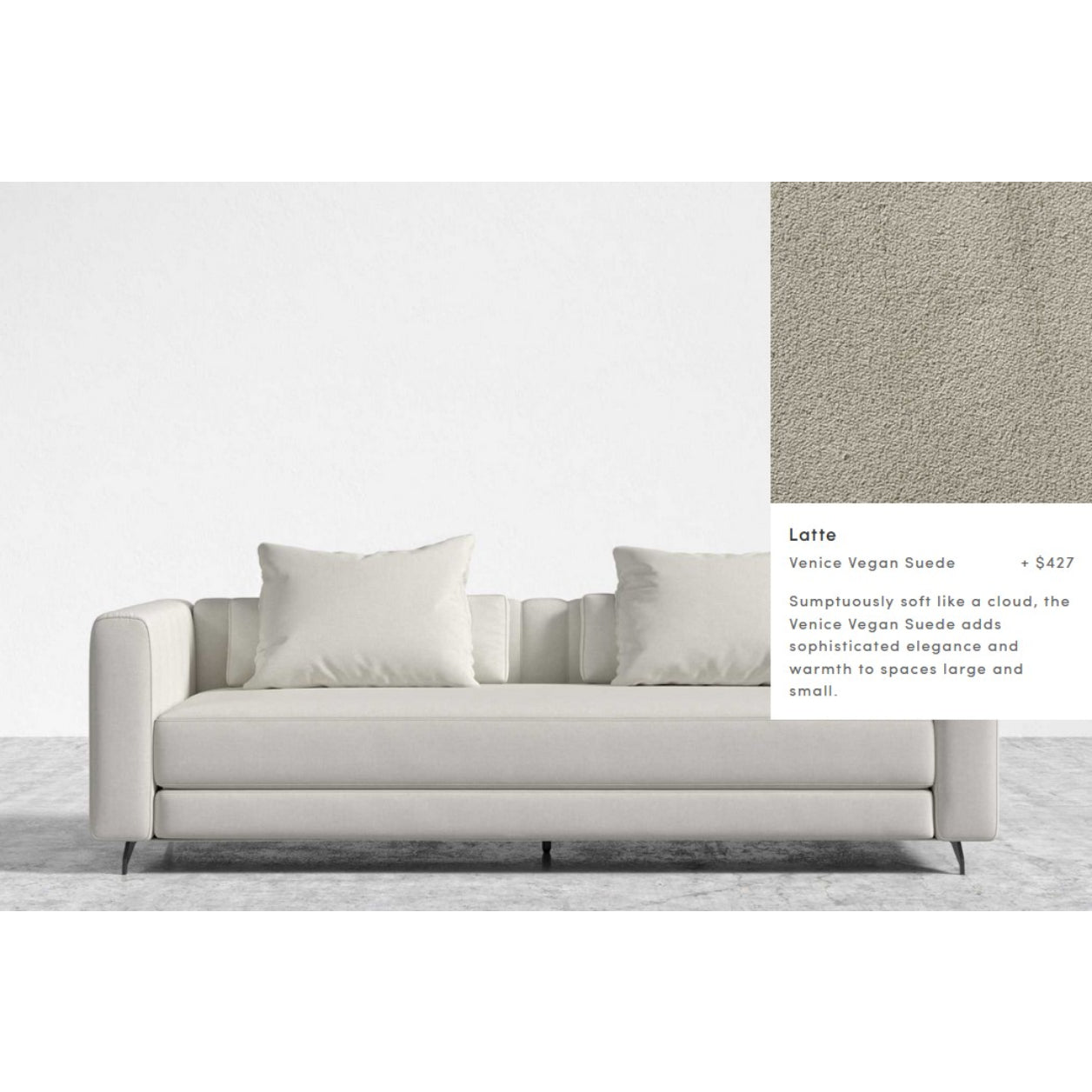 A light gray Berlin Sleeper Sofa accompanied by two matching cushions rests on a gray floor. The top right corner of the image reveals a close-up of the fabric texture. Text reads: "Latte Venice Vegan Suede, $427. Sumptuously soft, adds elegance and warmth to spaces large and small.