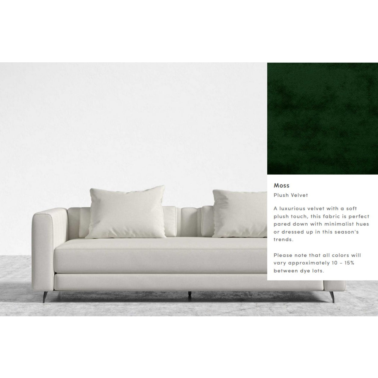 The Berlin Sleeper Sofa, featuring light green velvet cushions, is set against a white background. Next to it, there's a green color swatch labeled "Moss Plush Velvet," accompanied by a description of the fabric and a note regarding potential color variation.