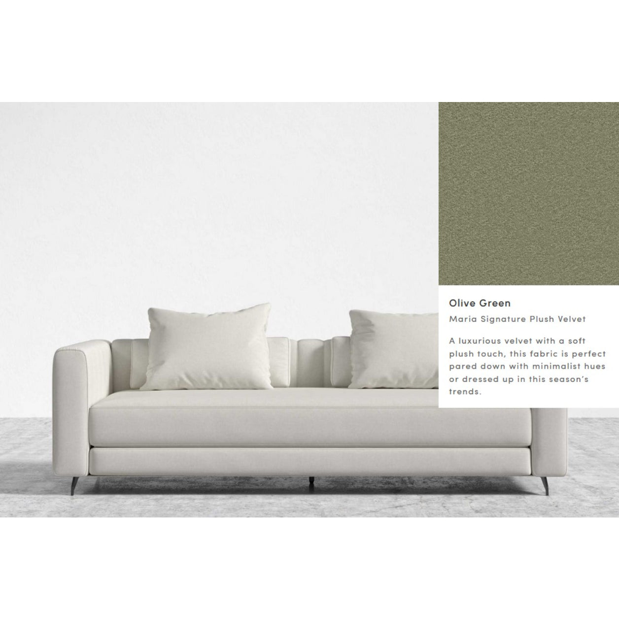 A modern Berlin Sleeper Sofa, featuring a white design with cushions, is set against a plain background. Nearby is a fabric swatch labeled "Olive Green: Mario Signature Plush Velvet," which is characterized as a luxurious velvet with a soft plush touch that aligns with current trends.