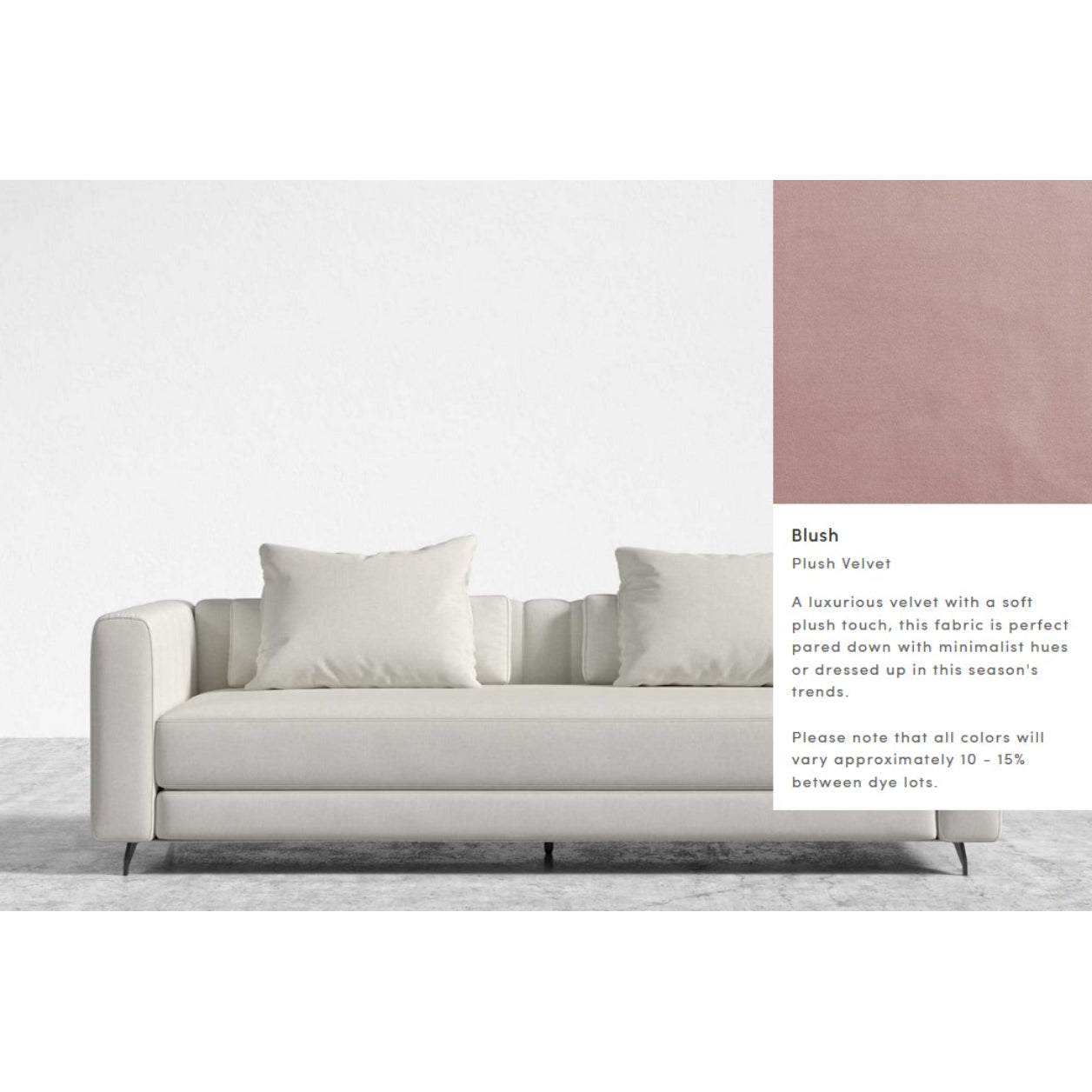 Displayed is the Berlin Sleeper Sofa, showcasing a contemporary design with clean lines and upholstered in plush velvet fabric in a blush pink shade. The accompanying text mentions the fabric type as "Blush Plush Velvet," highlighting potential color variations between different dye lots.