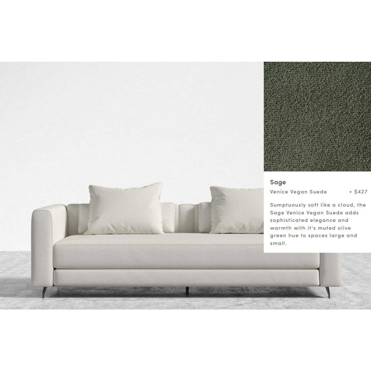 A minimalist off-white Berlin Sleeper Sofa with two matching cushions is set against a plain white backdrop. An inset showcases a close-up of the sage green vegan suede fabric, highlighted for its soft and elegant texture, priced at $427.