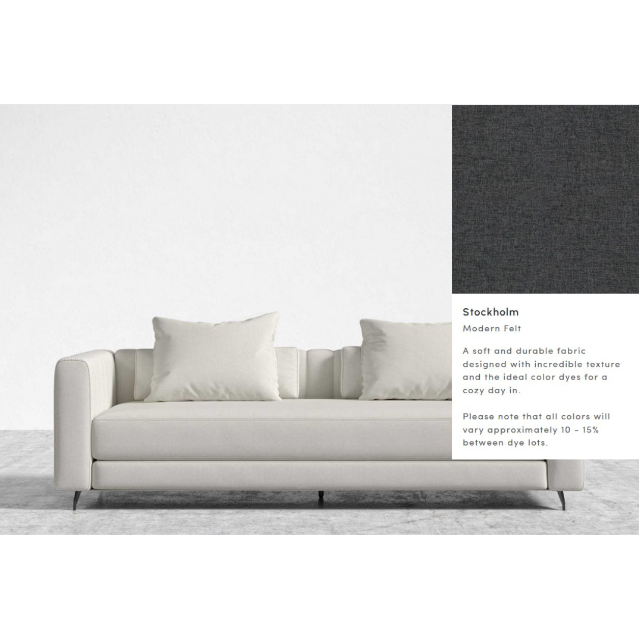 A sleek white Berlin Sleeper Sofa with two large cushions is set against a minimalistic white background. Accompanying it is a description highlighting its fabric, "Stockholm Modern Felt," known for its soft texture and color consistency.