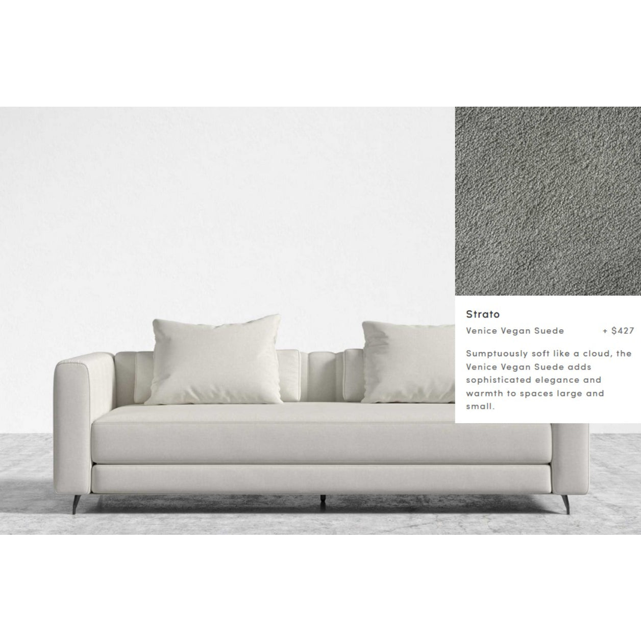 A minimalist Berlin Sleeper Sofa in white with two cushions is centered against a plain backdrop. A close-up of the fabric, identified as "Strato Venice Vegan Suede," showcases its softness and sophistication. The price is listed at $427.