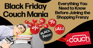 A man sleeps on a couch surrounded by papers, with a calculator in hand. The image includes text: "Black Friday Couch Mania," "Everything You Need to Know Before Joining the Shopping Frenzy," various "SALE" icons, and a price tag with "couch.com.