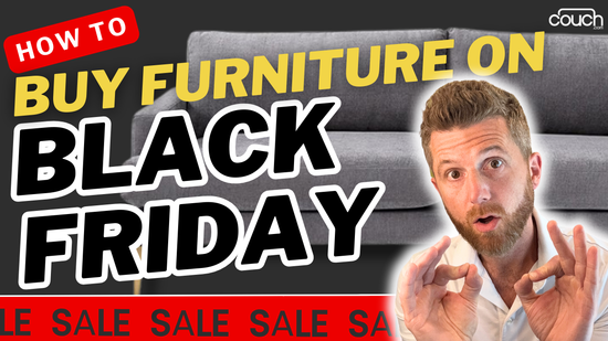 Image of a promotional graphic for buying furniture on Black Friday. It features a man gesturing with his hands in front of a gray couch. Bold text reads "HOW TO BUY FURNITURE ON BLACK FRIDAY" with "SALE" repeated along the bottom edge.