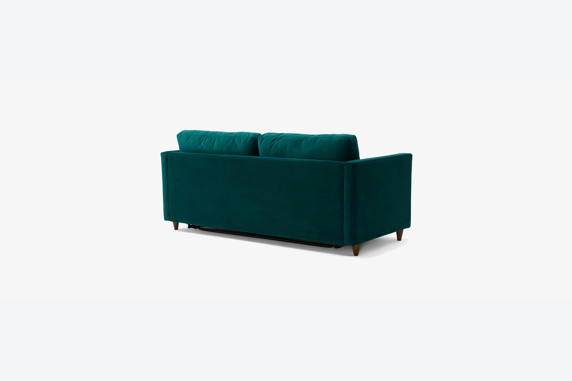 The Briar Sleeper Sofa, upholstered in green velvet with a modern design, is shown from the back. It includes two large back cushions and stands against a plain white background, featuring short, angled legs.