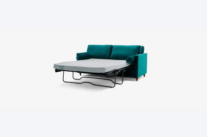 The Briar Sleeper Sofa, in a teal color, features a pull-out mattress with a textured surface. It includes two cushions and rounded armrests, all set against a plain light background.