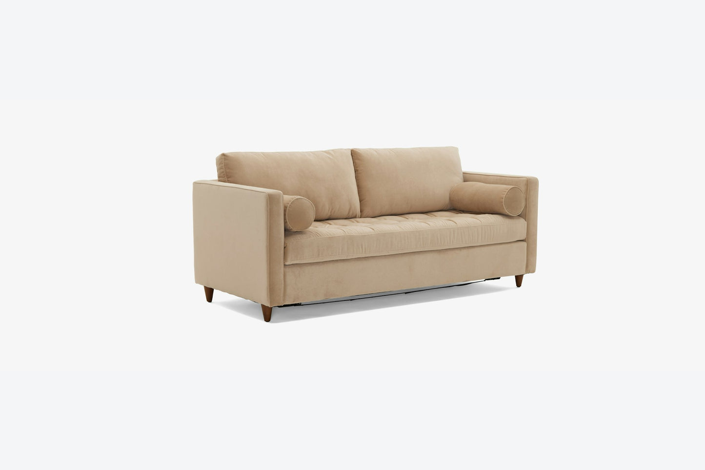 The Briar Sleeper Sofa is a modern-style beige piece featuring two large back cushions, two cylindrical side pillows, and a tufted seat cushion. It has straight armrests and wooden legs, positioned against a white background.