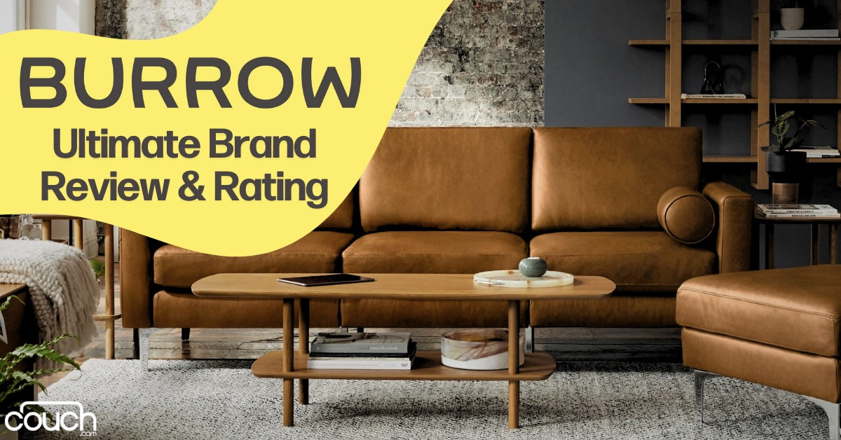 A cozy living room with a brown leather sofa, a wooden coffee table, and a modern bookshelf. The words "BURROW Ultimate Brand Review & Rating" appear in bold on a yellow background. A small "couch" logo is in the bottom left corner.