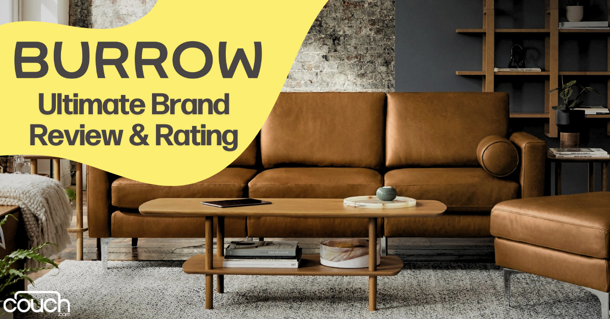 A stylish living room featuring a brown leather sofa with matching cushions, a wooden coffee table with books, and modern shelving in the background. A yellow banner on the top left reads "Burrow Ultimate Brand Review & Rating." The logo "couch" is in the bottom left corner.