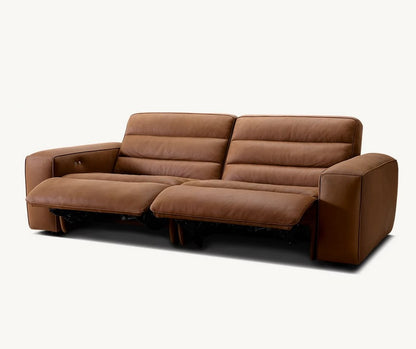 The Chelsea Motion Leather Modular 2-Piece Recliner Sofa features a modern design with thick cushions, wide armrests, and two extended footrests in brown leather.