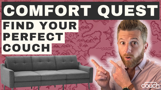 A man with a surprised expression points towards a gray couch and the text that reads "Comfort Quest: Find your perfect couch." The background features an illustrated map pattern with various decorative elements. The word "couch" appears in the bottom right corner.