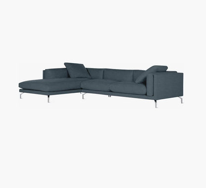 The Como Sectional Sofa is a contemporary gray piece with sleek metal legs, a left-side chaise lounge, and two large back cushions, all presented against a plain white background.