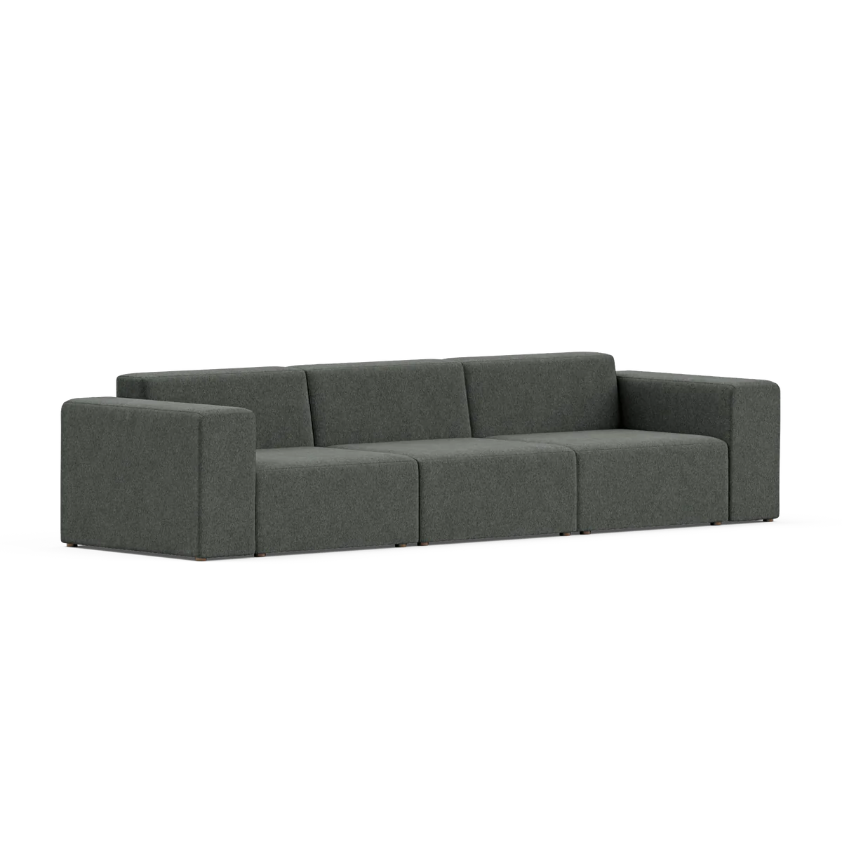 The Three-Seater Form Sectional features a modern, modular design with three separate sections and square armrests, set against a neutral background. Its minimalist and sleek appearance is complemented by a plush fabric finish.