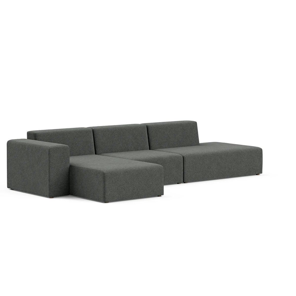 The Three-Seater Form Sectional is a sleek, modern gray sectional sofa featuring a left chaise lounge. It boasts a minimalist design with clean lines and low-profile cushions, providing a contemporary look perfect for a stylish living space.