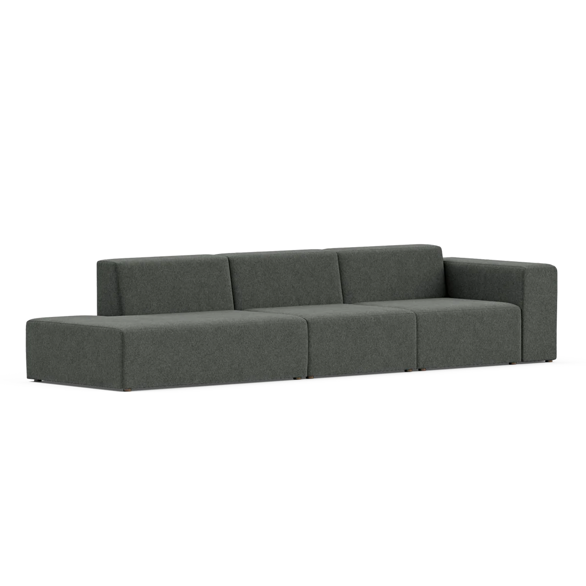 Introducing the Three-Seater Form Sectional, a contemporary piece with a minimalist design featuring dark gray upholstery. It boasts clean lines and block-shaped cushions, complemented by low armrests and a spacious seating area, all showcased against a simple white background.