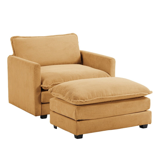 A Jearey Corduroy Sectional Sofa in beige is featured, complete with a matching rectangular ottoman. The sofa offers padded cushions and wide armrests, creating a coordinated and cozy seating set.