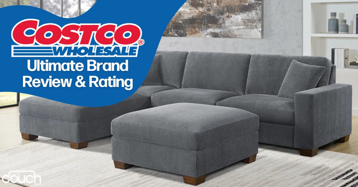 A gray sectional sofa with an ottoman in a living room setting. The image includes the text "Costco Wholesale Ultimate Brand Review & Rating" and a logo. The room features a neutral-toned painting and shelves with decor items.