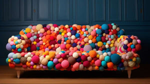 A colorful, artistic couch covered with a variety of textured, multicolored balls in various sizes. The blue-paneled wall background contrasts with the vibrant, whimsical design of the couch, creating a playful and eye-catching setting.