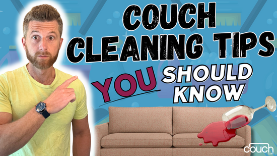 A man with a beard and a yellow shirt points to the text "Couch Cleaning Tips You Should Know" on a blue background. Below the text is a beige couch with a red stain and an overturned wine glass. The image is from couch.com.