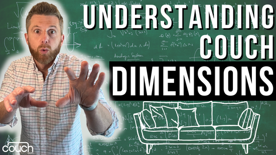 A man with a surprised expression stands in front of a chalkboard filled with mathematical equations. Text reads "Understanding Couch Dimensions." An illustration of a couch with dimensions is also on the chalkboard. The word "couch.com" appears in the lower left corner.