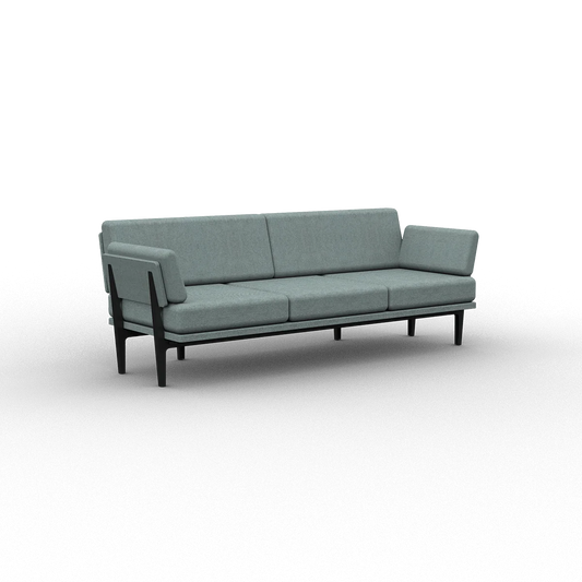 Introducing The Sofa 2.0: a contemporary three-seater sofa in modern gray, featuring sleek black legs and rectangular cushions. It boasts armrests on both ends and embraces a minimalist design, set against a plain black background.