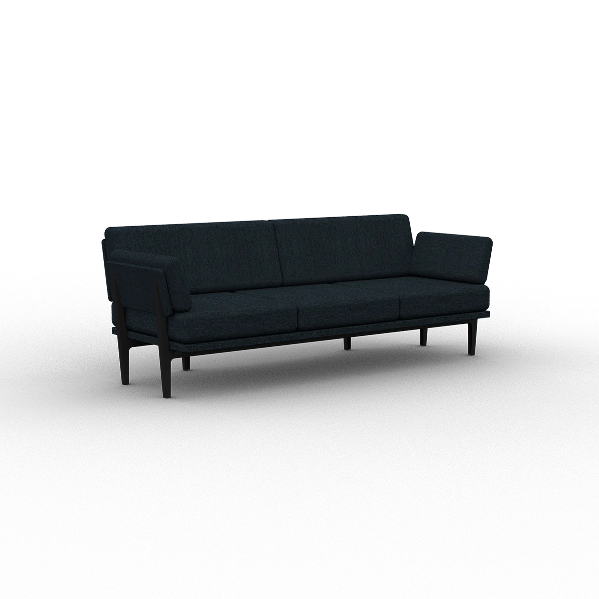 The Sofa 2.0, a contemporary upholstered piece in dark blue, showcases a minimalist aesthetic with its clean lines and rectangular cushions, all set against a plain white background.