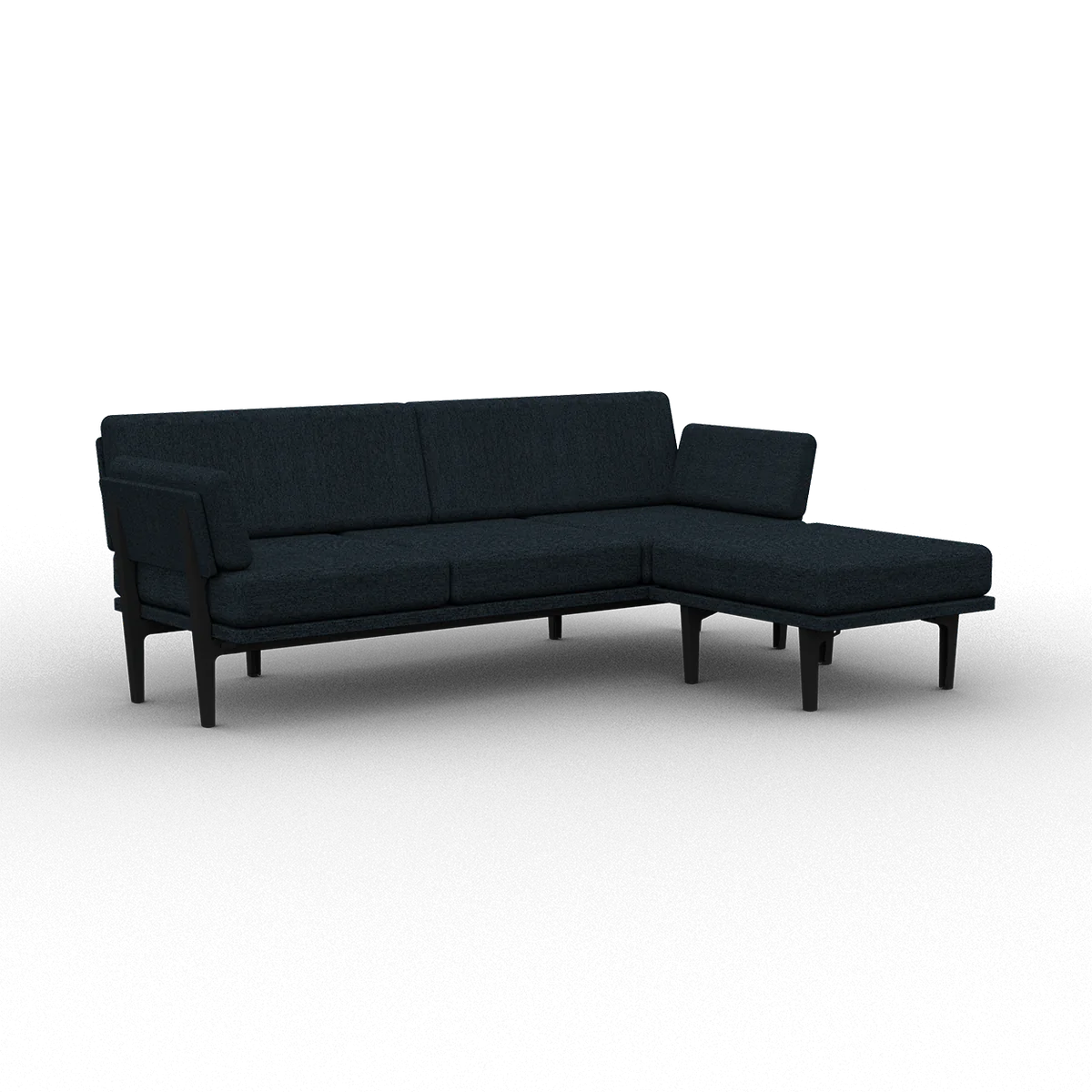 Product Description: The Sofa 2.0 is a dark gray, L-shaped sectional with a modern design and sleek wooden legs. It features clean lines and a minimalist aesthetic, making it ideal for contemporary living spaces.