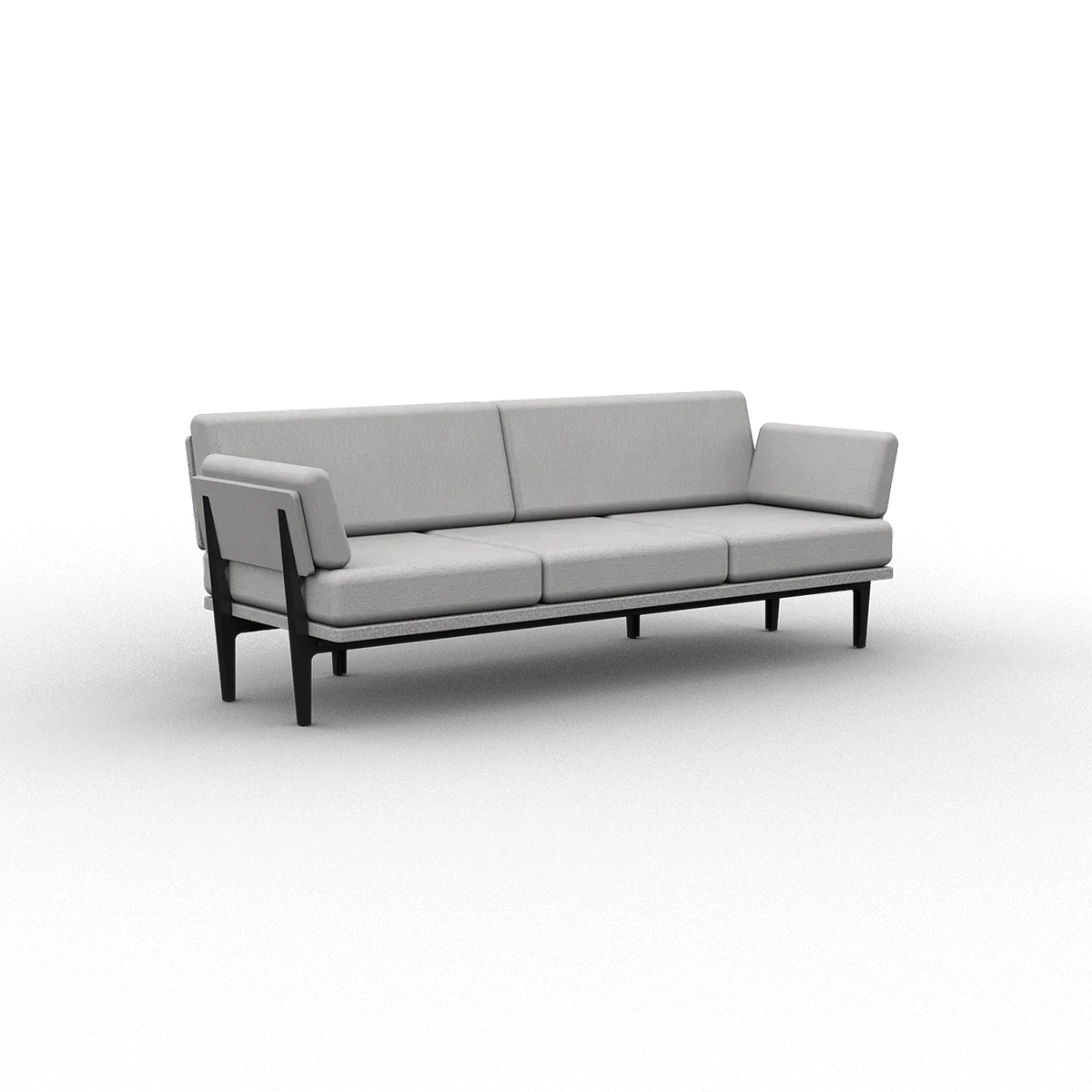 A contemporary grey three-seater known as The Sofa 2.0, featuring sleek lines and black legs, set against a plain black backdrop.