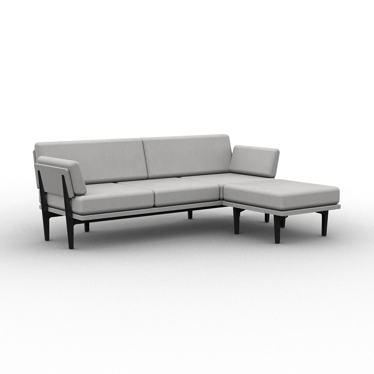 The Sofa 2.0 is a contemporary gray L-shaped sofa with sleek lines and black legs, complete with a right-side chaise, set against a simple white backdrop.