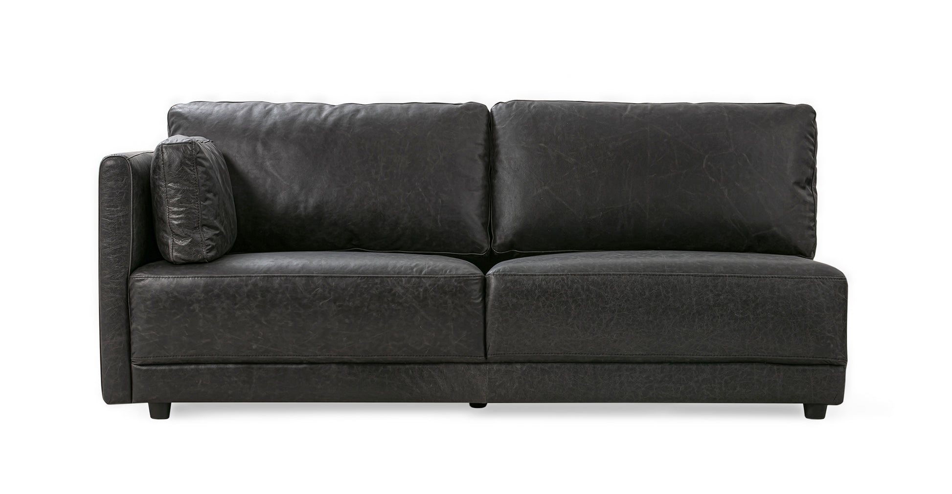 Introducing the Domus 74" Left Arm Leather Sofa in Ebony, featuring a modern design with plush cushions. Its sleek style is enhanced by two seat cushions and a decorative pillow, all beautifully contrasted against a white background.