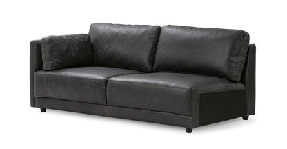 A sophisticated ebony leather sofa, the Domus 74" Left Arm Leather Sofa, features a modern minimalist design with two large backrest cushions and one armrest cushion, all set against a plain white background. It stands on sleek short black legs.