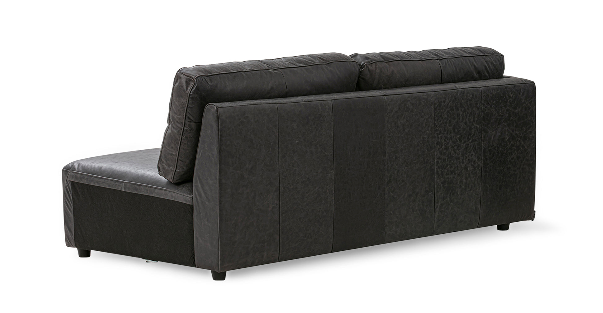 Rear view of the Domus 74" Left Arm Leather Sofa in Ebony, featuring two back cushions and low legs, set against a plain white background.