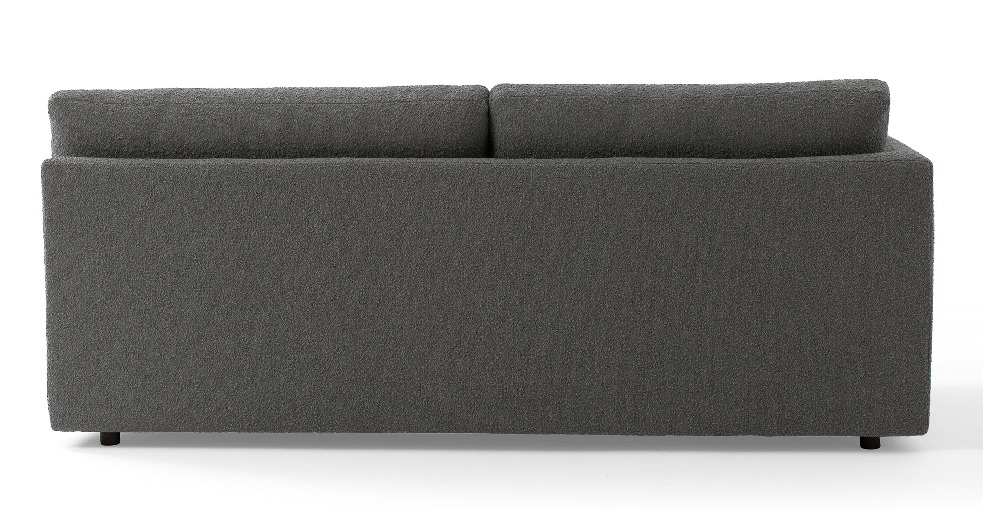 Back view of the Domus 74" Left Arm Leather Sofa in ebony, featuring a plush, textured design with two back cushions and short black legs, positioned on a white background.