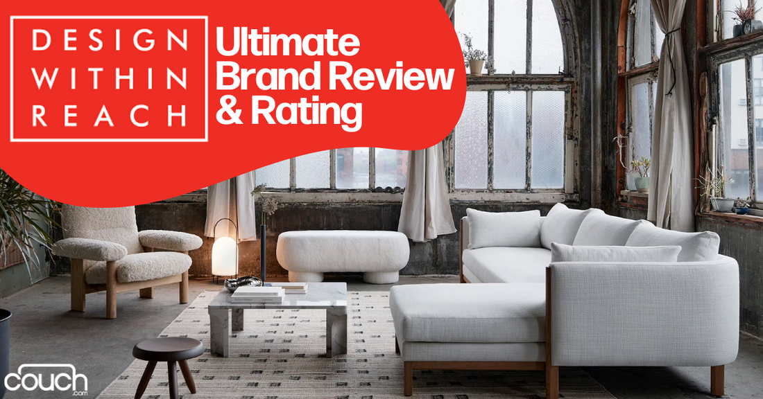 An industrial-style living room with a large window, modern white sectional sofa, ottoman, and coffee table on a patterned rug. Text reads "DESIGN WITHIN REACH Ultimate Brand Review & Rating" with the Design Within Reach logo and couch.com logo.