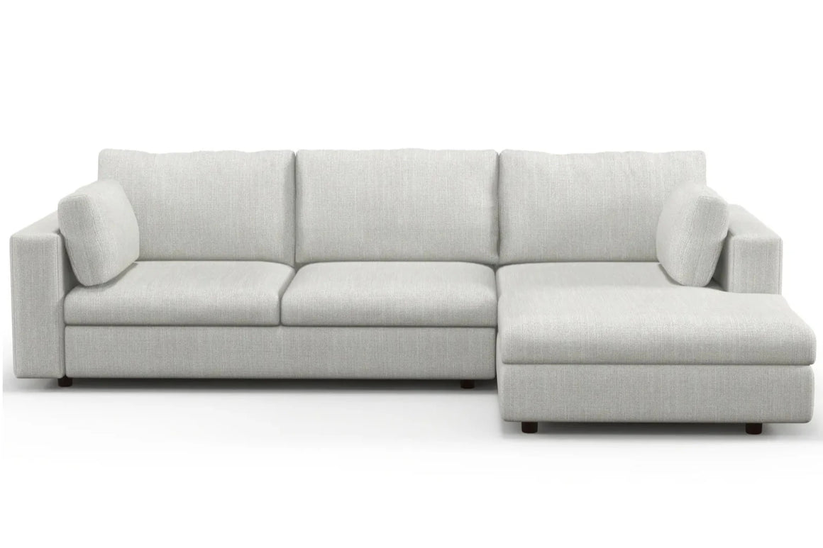 Introducing the Daphne Chaise 96" Sofa: a contemporary light gray sectional featuring three cushions and a right-side chaise lounge. Its simple, clean lines make it an ideal addition to any modern living room setting.