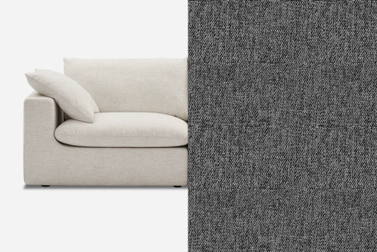 A split image showing a beige sofa with a pillow on the left against a white background, and a close-up texture of a dark gray woven fabric on the right.