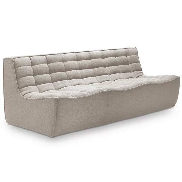 Introducing the N701 3 Seater Sofa by Ethnicraft, a modern gray piece that showcases a curved silhouette and a tufted backrest. Its design is smooth and minimalist, while the soft textured fabric provides a perfect blend of simplicity and comfort.