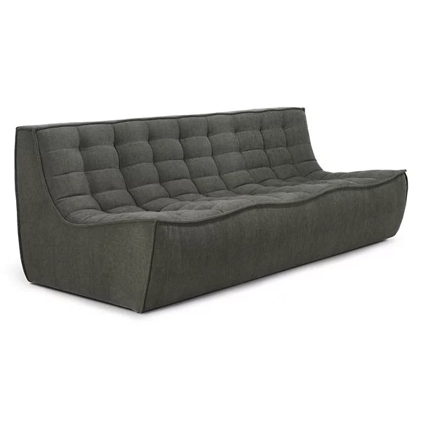 The N701 3 Seater Sofa by Ethnicraft offers a modern design with its green upholstery, tufted backrest, and armless form. It features a gently curved seat and a low-profile silhouette, while its fabric boasts a textured appearance, bringing a stylish and contemporary flair to any living area.