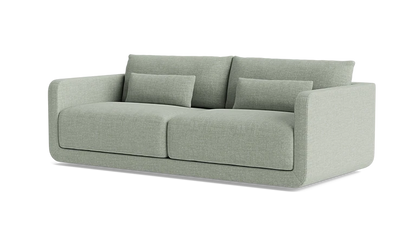 The Eva 85" Sofa is a modern piece in light green featuring two large seat cushions, two back cushions, and two smaller rectangular pillows. Its sleek and contemporary design includes straight armrests and exudes a minimalist style.