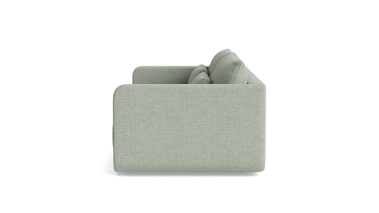 Side view of the Eva 85" Sofa in modern light gray with two plush cushions, set against a solid black background. The sofa features a minimalist design with smooth, rounded edges.