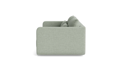 Side view of the Eva 85" Sofa in modern light gray with two plush cushions, set against a solid black background. The sofa features a minimalist design with smooth, rounded edges.