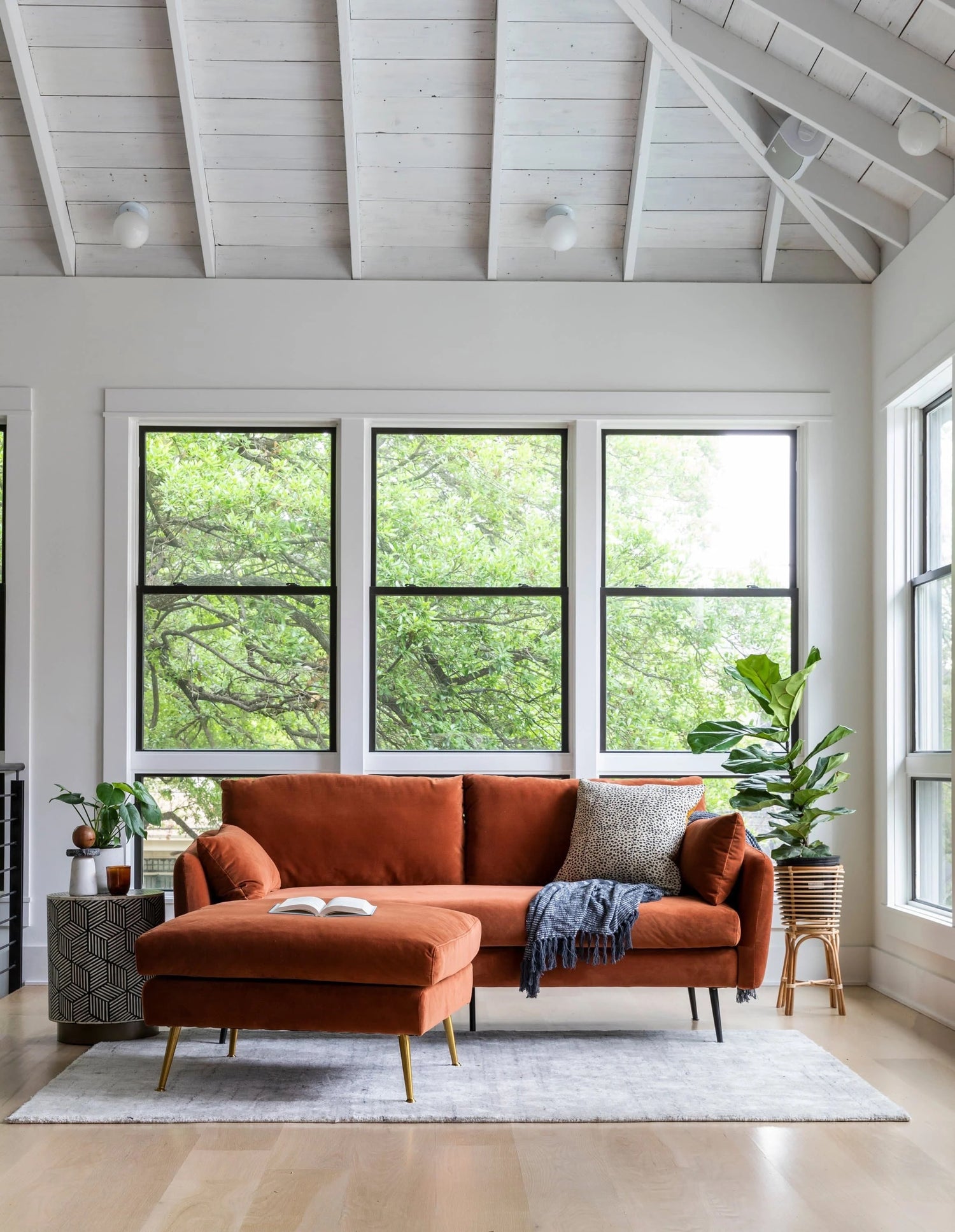 A bright living room with a vaulted ceiling and large windows showcasing lush green trees outside. It features a burnt orange sofa with a matching ottoman, a gray rug, a potted plant, a side table with a patterned base, and a blue throw blanket.